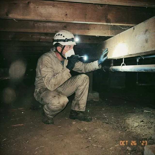 Inspector examining crawlspace for termite damage