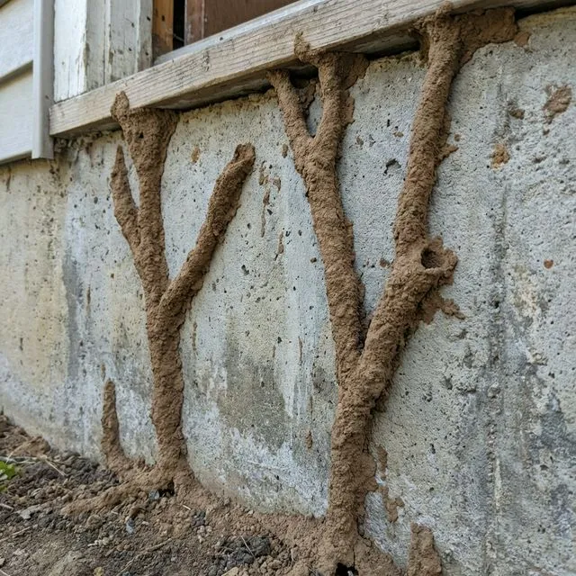 Termite mud tubes on a home's foundation wall — evidence of subterranean termite activity